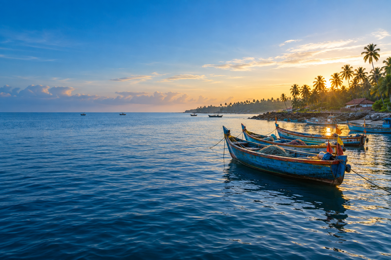 Fishing boats on a palm-lined coast