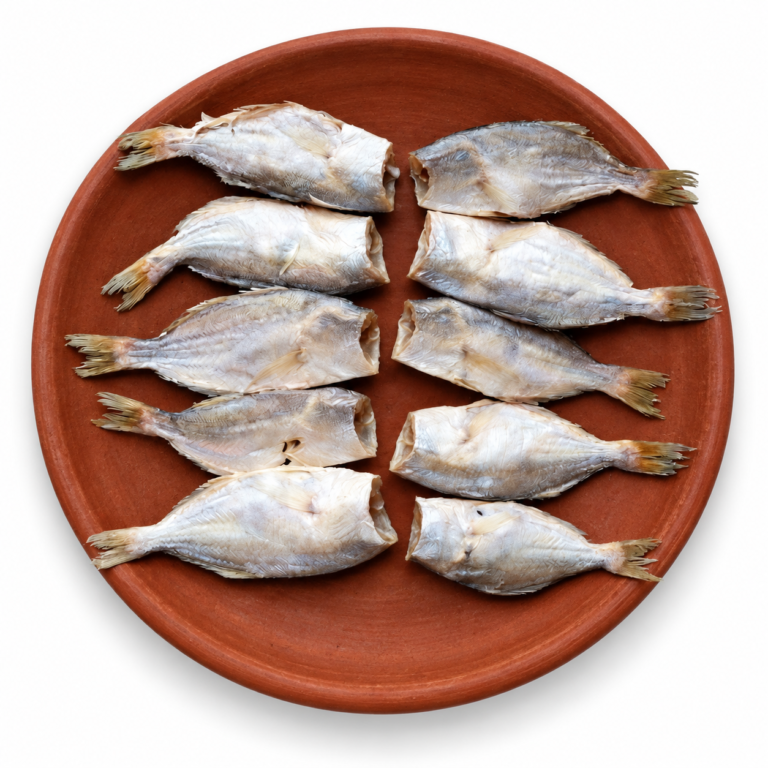 Dried False Trevally (Headless) on a Kerala clay plate against white