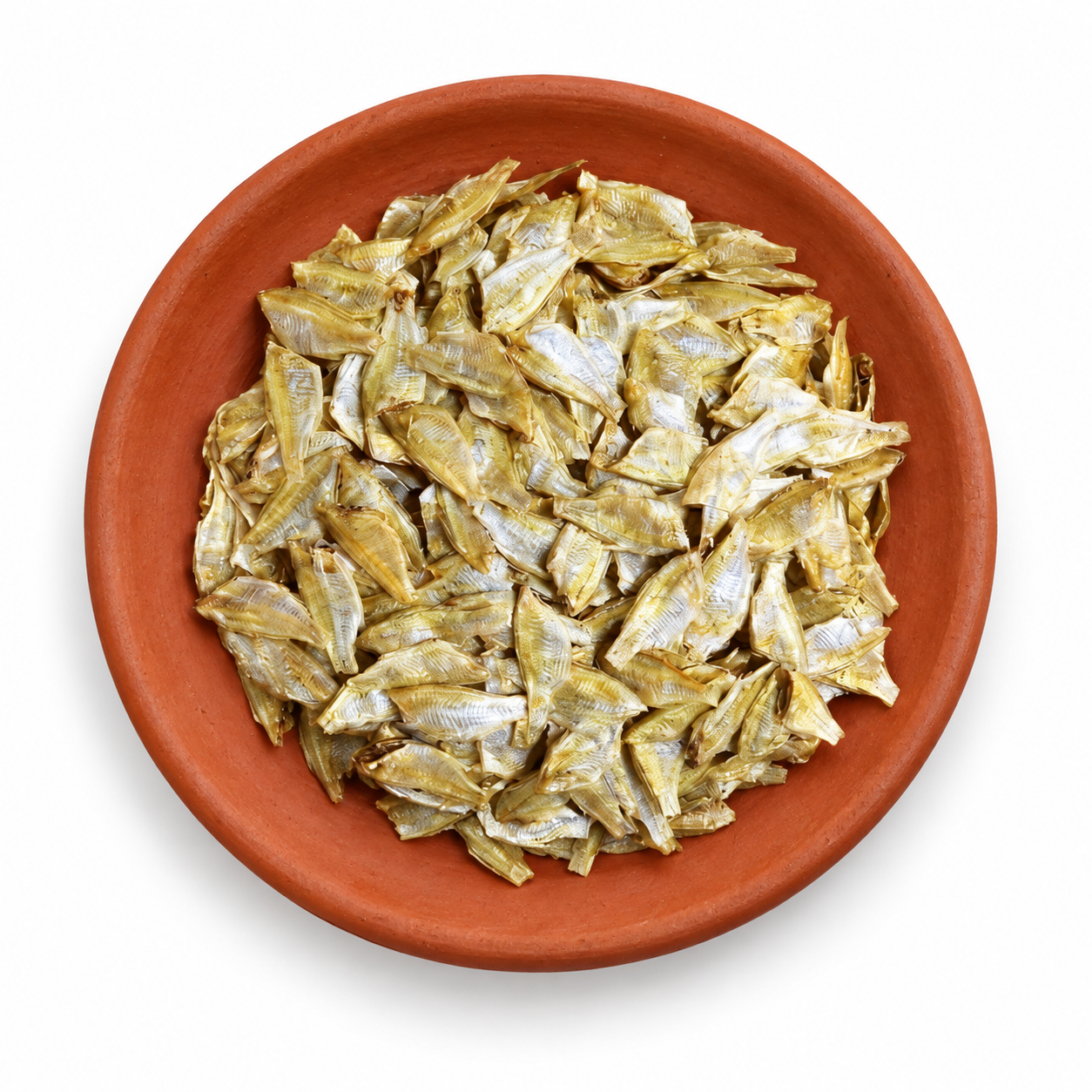 Dried False White Sardine (Headless) on a Kerala clay plate against white