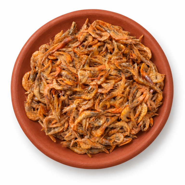 Dried Prawns on a Kerala clay plate against white