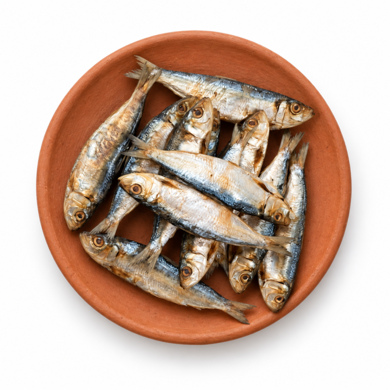 Dried Sardine Fish on a Kerala clay plate against white